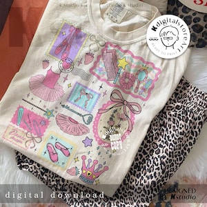 May include: Cream-colored t-shirt with a ballet-themed design featuring pink ballet shoes, tutus, and bows. The shirt is paired with leopard print pants. The design includes the text "Dance mom" and "digital download".