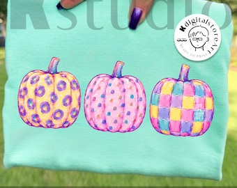 Preppy Pumpkin Png, Colorful Fall Pumpkin Png Sublimation Design, Coquette Autumn Shirt Png, Pastel Checkered Pumpkin Digital File, Fall Png