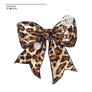 May include: A large brown and tan leopard print bow with a center knot. The bow is drawn in a cartoon style.