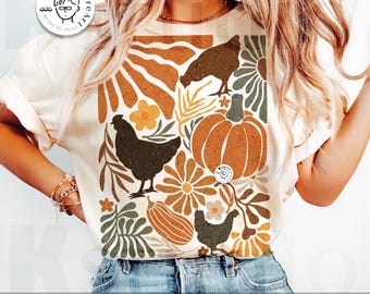 Retro Boho Floral Fall Chicken Hen Png, Chicken Autumn Design, Fall Farm Girl, Fall Shirt Png, Autumn Sublimation Design, Fall Chicken Png