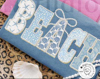 Coquette Beach Vacation Png, Coastal Floral Pearl Shirt Design, Blue Sea Shell Patchwork Png, Beach Life Png, Trendy Ocean Coquette Pearl