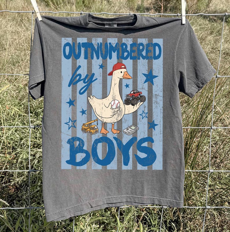 May include: Gray t-shirt with a graphic featuring a goose wearing a baseball cap, holding a baseball and a monster truck. The text reads "OUTNUMBERED by BOYS" in blue. Stars and stripes complete the design.