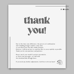 May include: A digital print on a white background with the words "thank you!" in a large, stylized font. Additional text provides information about the purchase and delivery process. The image includes the text "BY Kstudio" and a small logo.