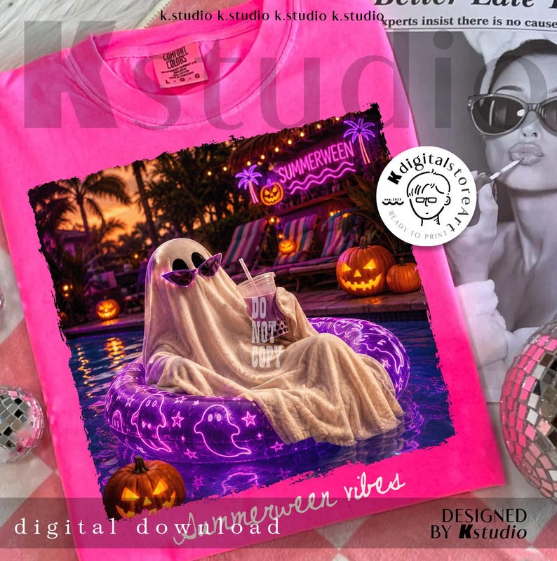 May include: A bright pink t-shirt with a graphic featuring a ghost in sunglasses relaxing in a pool float. The image includes pumpkins, palm trees, and the text "Summerween vibes". The shirt also has the text "Comfort Colors".