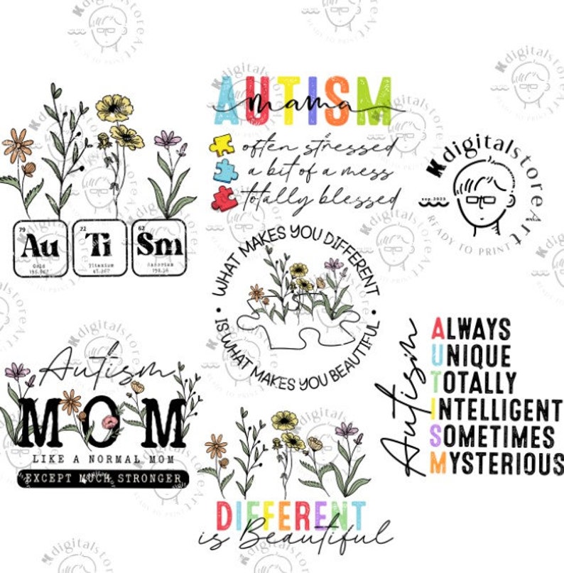 May include: A set of five digital designs featuring colorful text and illustrations related to autism. The designs include the text "Autism Mama", "Autism Mom", "What Makes You Different Is What Makes You Beautiful", "Different Is Beautiful", and "Always Unique Totally Intelligent Sometimes Mysterious".