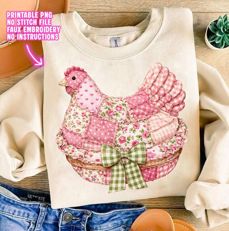 May include: Cream-colored sweatshirt featuring a patchwork chicken design in pink floral and gingham patterns. The chicken has a green gingham bow. The text "PRINTABLE PNG NO STITCH FILE FAUX EMBROIDERY NO INSTRUCTIONS" is in the upper left corner.