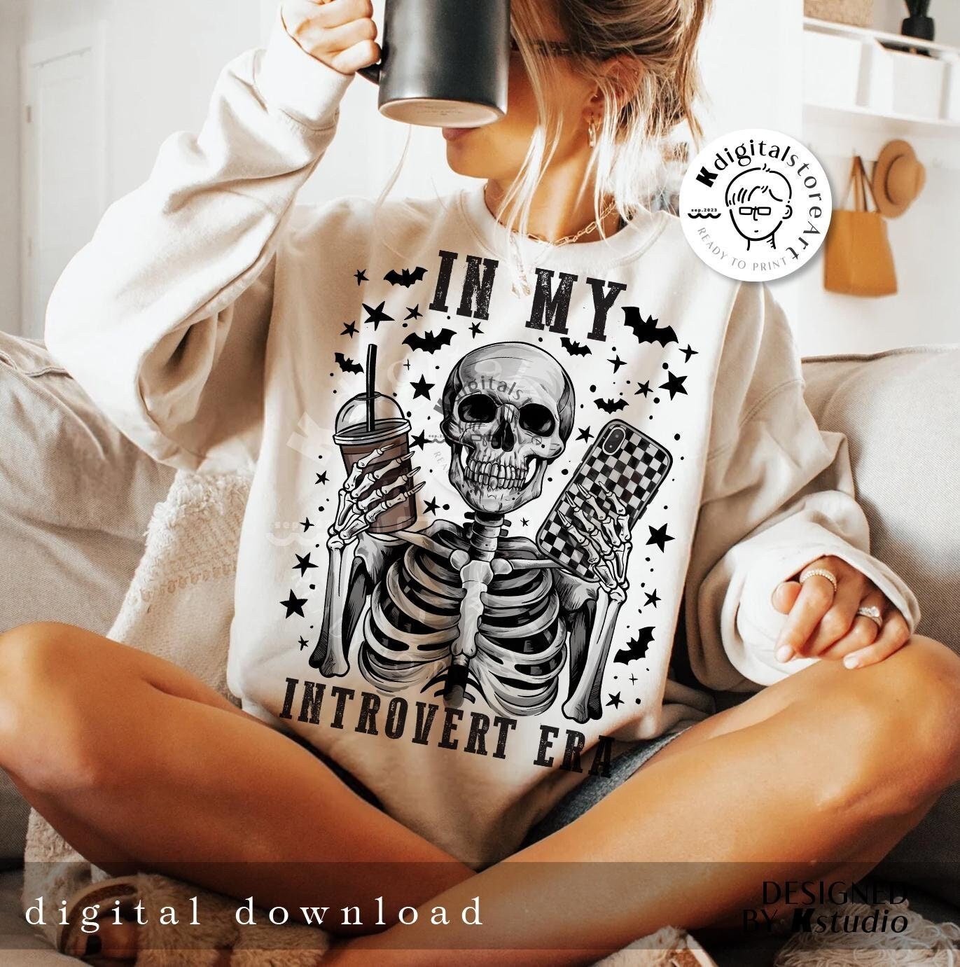 Retro Halloween Skeleton Png, In My Introvert Era, Creepy Skeleton Skull PNG, Trendy Halloween Shirt Png, Halloween Sublimation Design Png
