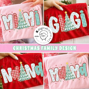 Paquete PNG de Mamá Mimi Navideña Coqueta, Árbol de Navidad Floral con Pinceladas y Brillantina, Letras Navideñas a Cuadros, Nana Gigi Navideña