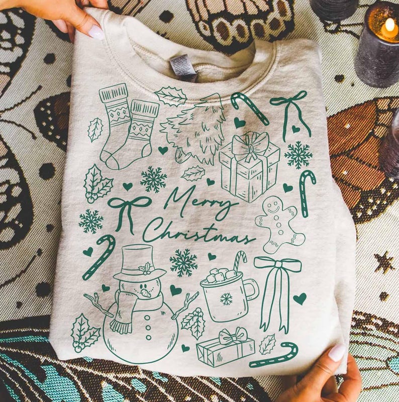 Merry Christmas PNG Bundle, Christmas Doodle Png, Minimal Holiday Doodle Design, Festive Outline Christmas Elements, Cozy Winter Shirt PNG image 4