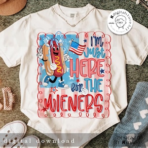 Divertido 4 de julio "Estoy aquí por la salchicha", Estados Unidos (Png), Perrito caliente (Png) del 4 de julio, Perrito caliente (Png), Diseño de camiseta digital de salchicha para el 4 de julio para chicas