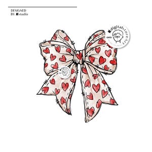 May include: A hand-drawn illustration of a large, beige bow with red hearts printed on it. The bow is tied in a knot and the ends are flowing. The illustration is in a watercolor style.