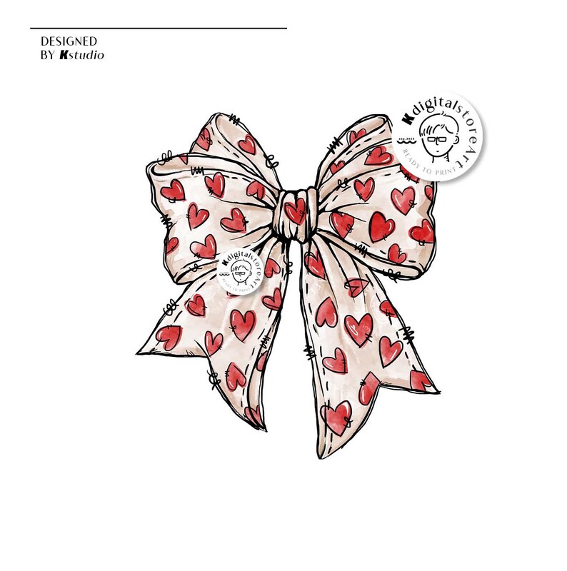 May include: A hand-drawn illustration of a large, beige bow with red hearts printed on it. The bow is tied in a knot and the ends are flowing. The illustration is in a watercolor style.