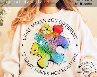 Retro Wildflower Autism, What Make You Different Make You Beautiful, Colorul Autism Puzzle Design, Autism Shirt Design Png Design Download