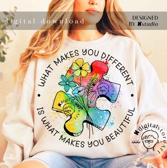 Retro Wildflower Autism, What Make You Different Make You Beautiful, Colorul Autism Puzzle Design, Autism Shirt Design Png Design Download