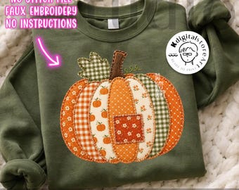 フェイク刺繍パンプキンPNG、秋のパンプキンPNG昇華デザイン、パッチワークパンプキンシャツPNG、コケットオータムデジタルファイルPNG、秋の季節