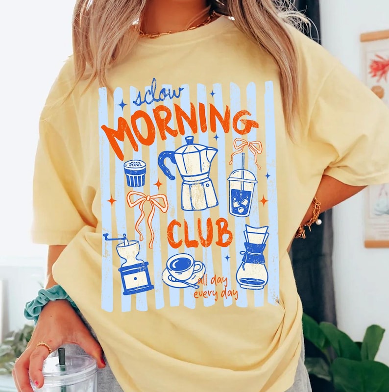Slow Morning Club Png, Retro Coffee Lover Png Design, Blue Coquette Bow Png, Caffeine Png, Coffee Maker Espresso Machine Gift, Trendy Social image 5