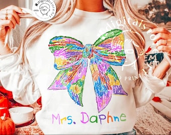 Crayon Teacher Bow Name Custom Design, 100 Days Of School Teacher Png,School Teacher Shirt Design, 100 Days Brighter Png Sublimation Digital