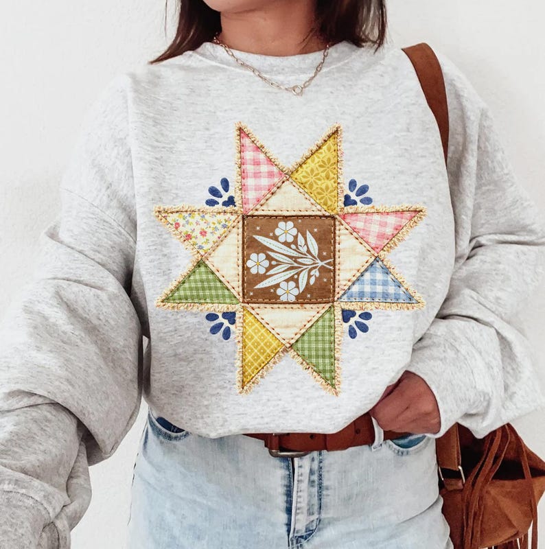 Vintage Inspired Quilted Star Png, Grandma Core Star Flower Png, 90s Inspired Quilt Png, Thrifted Decor Png, Granny Sweater Png, Trendy Png image 5