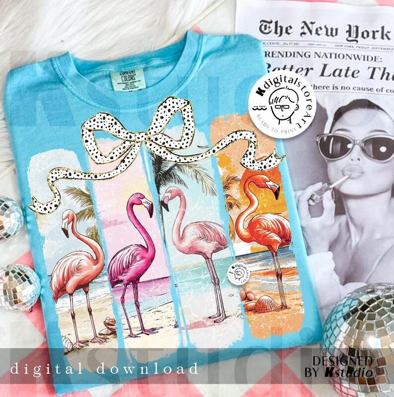 May include: A light blue t-shirt featuring a graphic of four flamingos on a beach, with a dotted bow and palm trees. The words "digital download" and "designed by Kstudio" are visible.