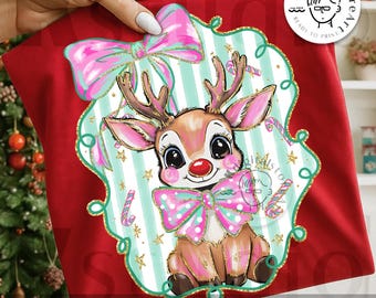 Brushstroke Cute Reindeer PNG, Coquette Christmas Deer Png, Pastel Holiday Design, Retro Pink Christmas Png, Preppy Holiday Girly Shirt Png