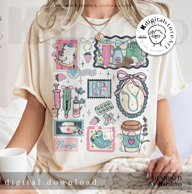 May include: Cream-colored t-shirt featuring a collage of medical-themed illustrations in pastel colors. The design includes stamps with a stethoscope, syringe, thermometer, and coffee cup. Text includes "Nurse" and "digital download."