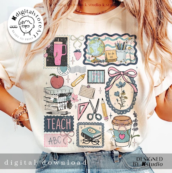 Teacher Life Collage Png, Teacher Stamp Png, Librarian Scrapbook Png, Grandma Core Teach Png, Cottagecore School Png, Antique Teacher Gift