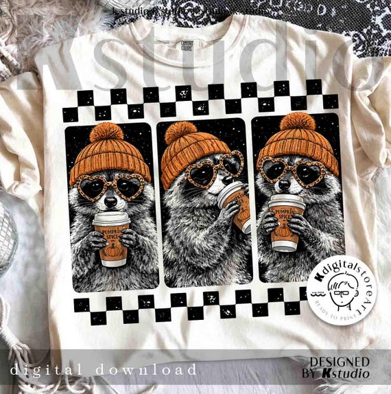 Fall Raccoon Pumpkin Spice Png, Trash Panda Heart Sunglasses Shirt Design, Autumn Checkered Raccoon Sublimation Png, Retro Fall Raccoon Png