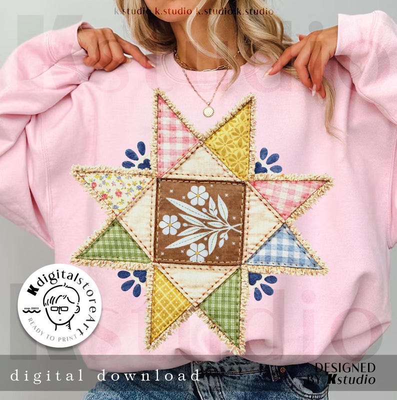 Vintage Inspired Quilted Star Png, Grandma Core Star Flower Png, 90s Inspired Quilt Png, Thrifted Decor Png, Granny Sweater Png, Trendy Png image 3