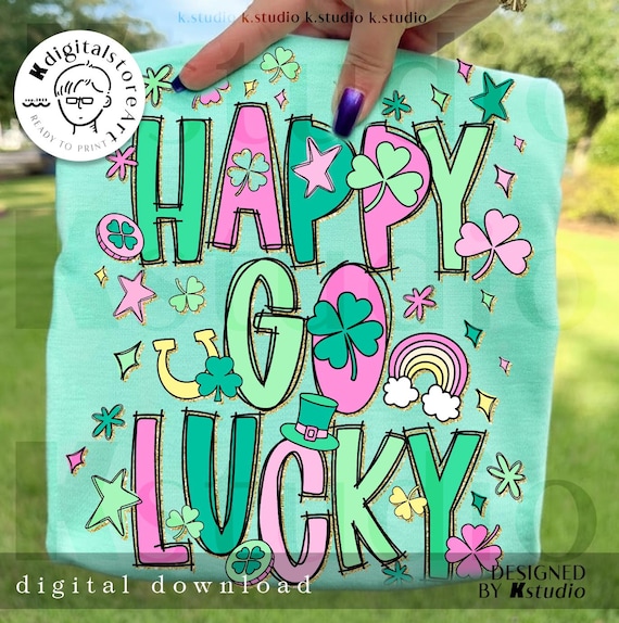 Preppy Happy Go Lucky St Patrick's Day Png, St Patrick's Day Shirt, Pink and Green Lucky Png, Shamrock Rainbow Png, Saint Paddy's Day Gift