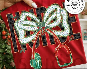 Preppy verpleegkundige kerst bloemen png, stethoscoopstrik vakantieontwerp, retro verpleegkundige sublimatie, medisch kerstshirt png, cadeau voor verpleegkundige png