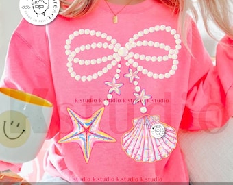 Coquette Pearl Bow Png, Summer Vibes,  Pink Clam Png, Summer Beach Png Shirt, Summer Shirt, Clam Shirt Design, Starfish Clam Design Download