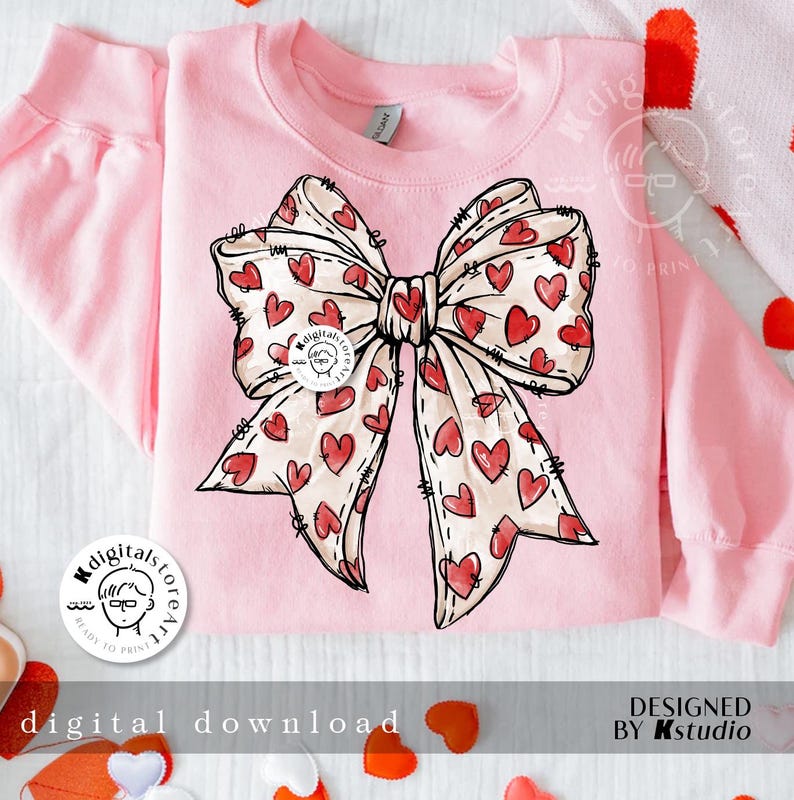 May include: Pink sweatshirt with a large, hand-drawn bow with hearts on it. The bow is in shades of pink and red.
