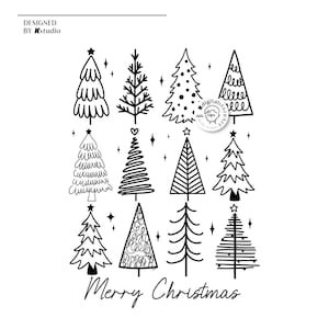 May include: A black and white illustration featuring various Christmas tree designs. The image includes the text "Merry Christmas" in a script font, along with the text "DESIGNED BY Kstudio". The trees are decorated with stars and other festive elements.