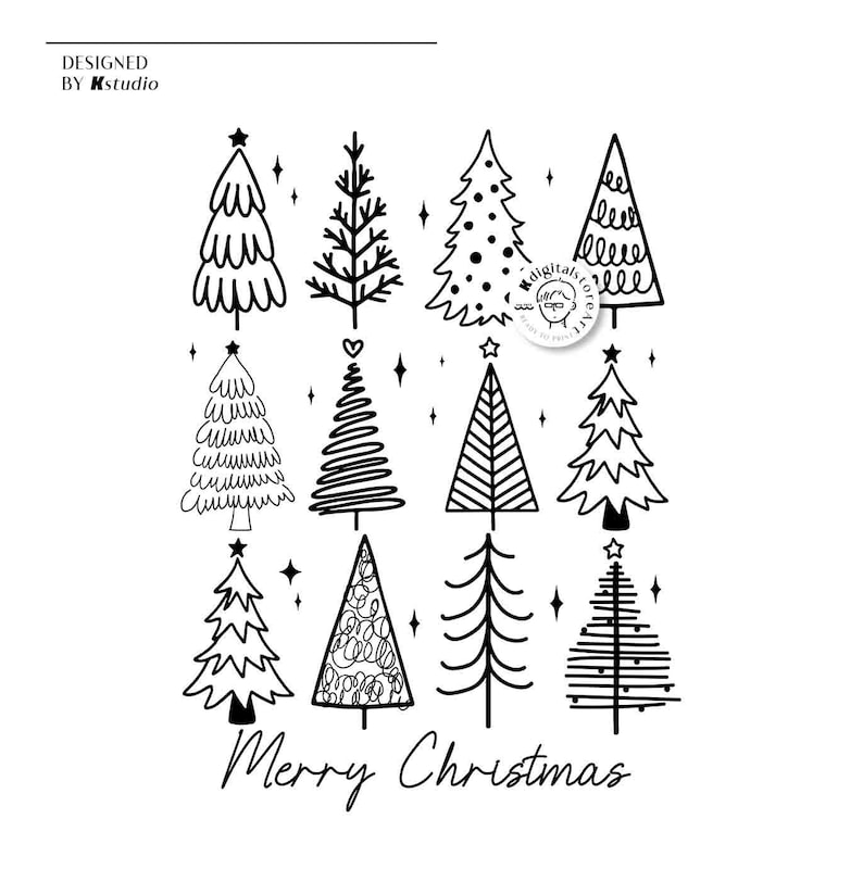 May include: A black and white illustration featuring various Christmas tree designs. The image includes the text "Merry Christmas" in a script font, along with the text "DESIGNED BY Kstudio". The trees are decorated with stars and other festive elements.