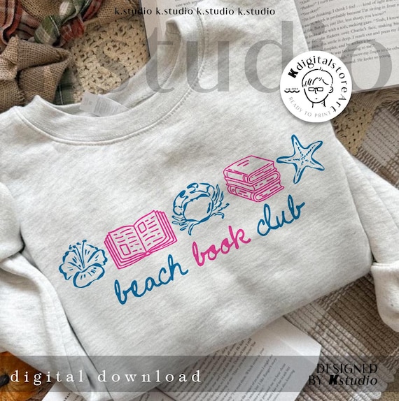 Beach Book Club Png, Colorful Coastal Reader Png, Summer Reading Png, Girly Bookish Png, Vacation Reader Png, Hibiscus Crab Starfish Shell