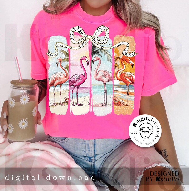 May include: Bright pink t-shirt featuring a flamingo design. The design includes four rectangular panels with flamingo illustrations on a beach scene, tied together with a dotted ribbon. The words "digital download" are at the bottom.