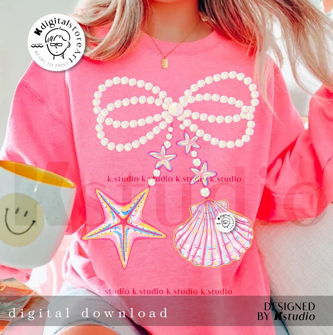 Coquette Pearl Bow PNG, Pink Clam Starfish Design (digital Download) - Etsy