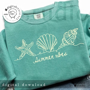 May include: Teal sweatshirt with a white graphic of a starfish, seashell, and conch shell, with the words "Summer vibes." The sweatshirt has a crew neck and long sleeves. The words "digital download" are at the bottom.