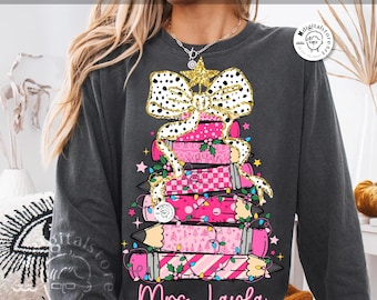 Teacher Custom Name Png, Pink Christmas Pencil Tree, Teacher Name Design Png, Kindergarten Preshool Teacher, Christmas Teacher Sublimation