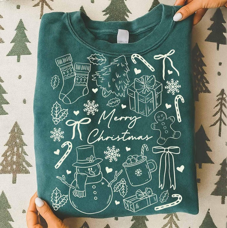 Merry Christmas PNG Bundle, Christmas Doodle Png, Minimal Holiday Doodle Design, Festive Outline Christmas Elements, Cozy Winter Shirt PNG image 6