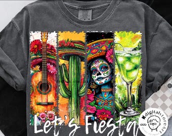 Puede incluir: Un diseño gráfico colorido con una guitarra, un cactus, una mujer con una cara de calavera de azúcar y una copa de margarita. El texto "Let's Fiesta" está en la parte inferior del diseño.