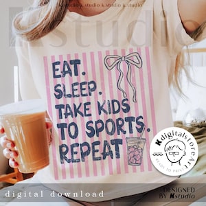 Comer, dormir, llevar a los niños a deportes a rayas, repetir PNG, día de juego PNG, diseño de camiseta de mamá deportiva, béisbol PNG, mamá de béisbol PNG, temporada de béisbol PNG