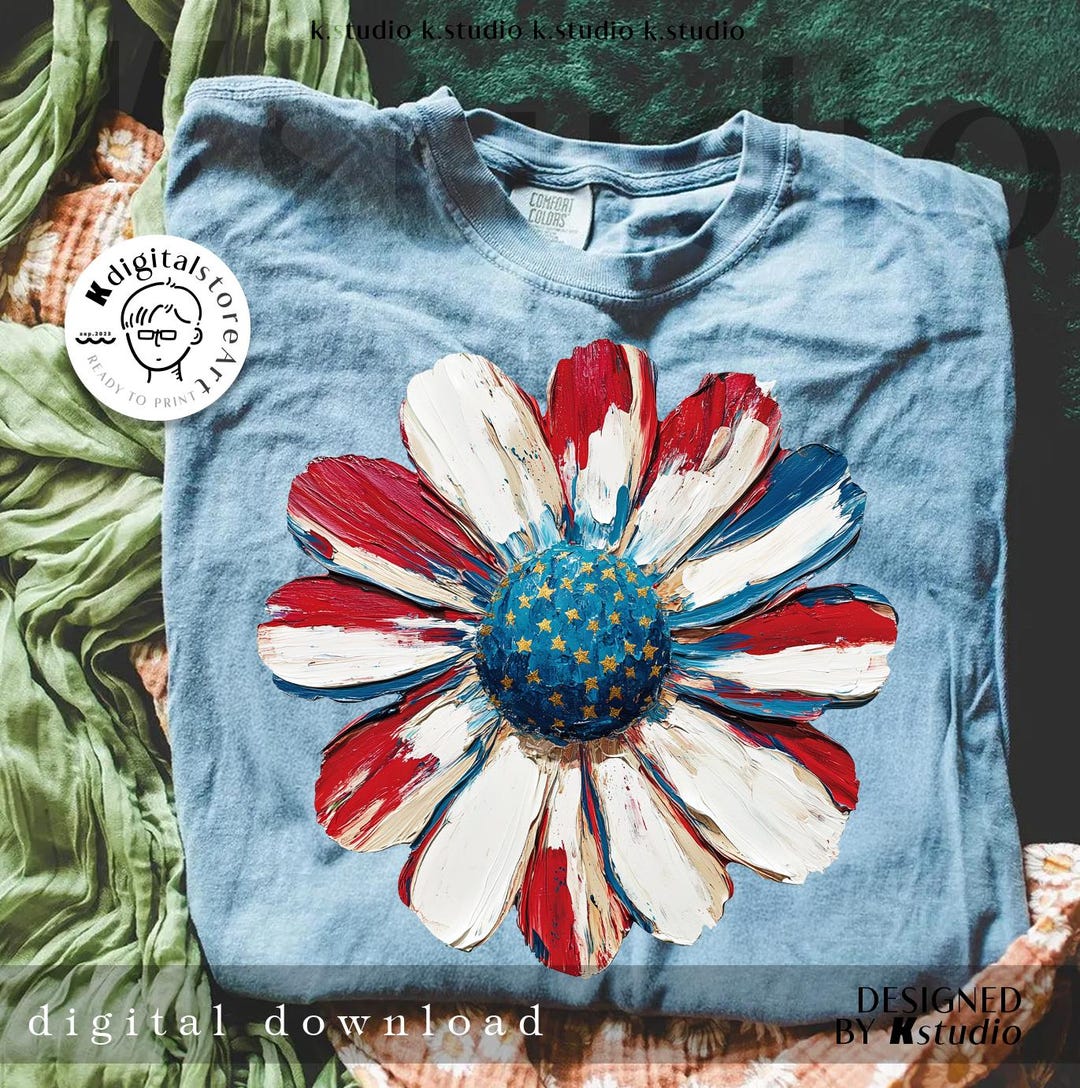 Daisy America Flag 4th July Png, Oil Painting Daisy 4th July Png