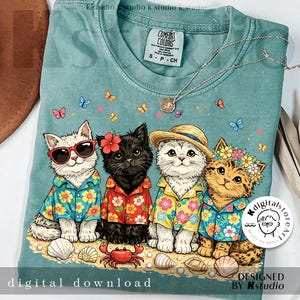 Cats Summer Png, Hawaiian Kittens Shirt Design, Tropical Beach Cat Png, Cat Lover Png, Funny Cat Mom Beach Png, Trendy Summer Vacation Cat