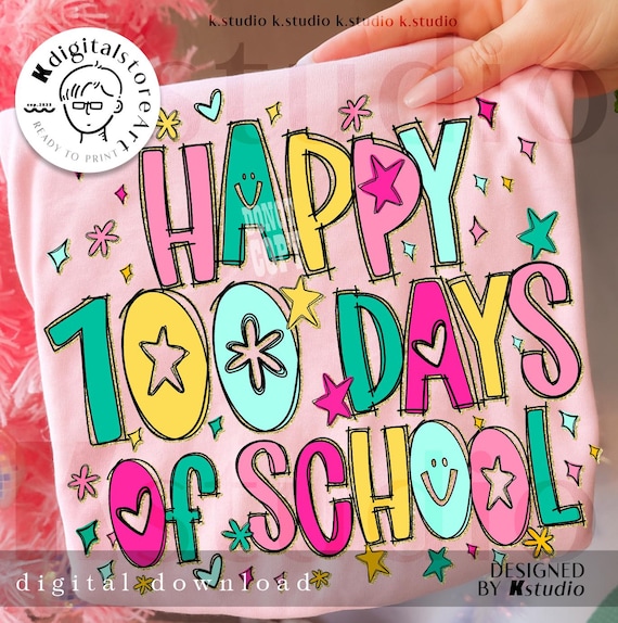 Preppy Happy 100 Days Of School Png, Colorful Teacher 100 Days Png Sublimation, Retro School Shirt Png, Teacher Life Png, Faux Glitter