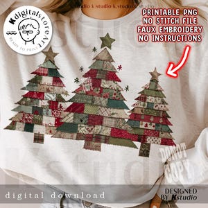 Patchwork Weihnachtsbaum PNG, rustikale Stoff Quilt Urlaub Design, gemütliche Bauernhaus Weihnachten Png, Vintage Baum Applikation, Faux Stickerei