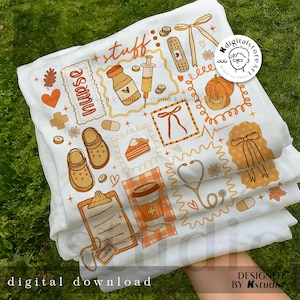 Peut inclure: T-shirts blancs avec diverses illustrations sur le thème médical en orange et marron. Les motifs comprennent un stéthoscope, une tasse à café, des chaussures et le mot "nurse". L'expression "digital download" est imprimée en bas.