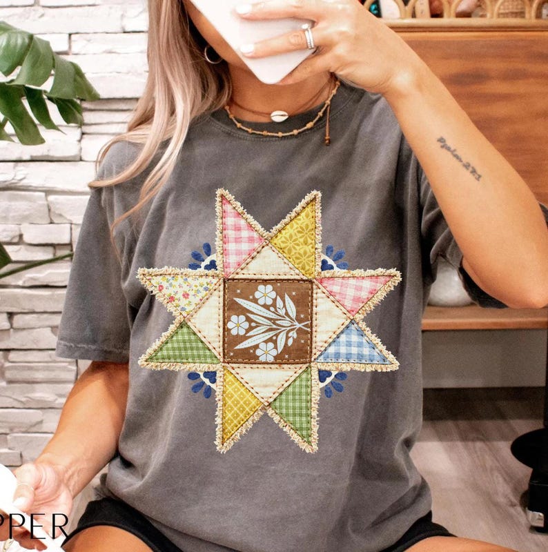 Vintage Inspired Quilted Star Png, Grandma Core Star Flower Png, 90s Inspired Quilt Png, Thrifted Decor Png, Granny Sweater Png, Trendy Png image 7