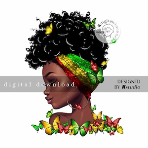 May include: A digital illustration of a Black woman with curly hair wearing a green, yellow and red headband with glitter. She is surrounded by colourful butterflies. The text "DESIGNED BY Kstudio" is in the top right corner.