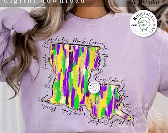 Louisiana Mardi Gras Png, Fat Tuesday, Mardi Gras Louisiana Map, Mardi Gras Png, Mardi Gras Design Shirt Png, Mardi Gras Sublimation Design